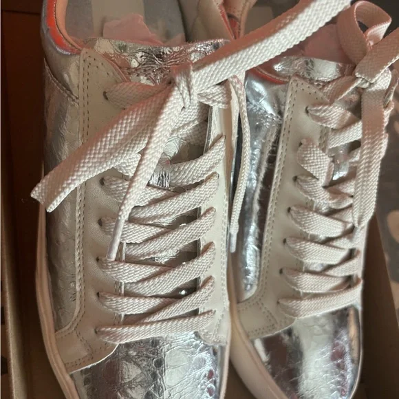 NWOT.  Dolce Vita Silver and White Sneakers with Metallic Toe Cap - Picture 5 of 9